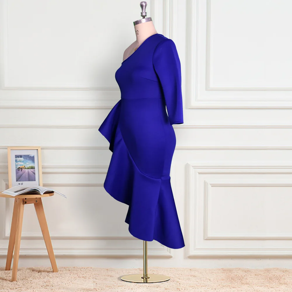Plus Size Women Party Dress Blue Ruffle Evening Dress 2023 Spring Lady Luxury Robe Female Club Outwear Elegant Birthday Clothes