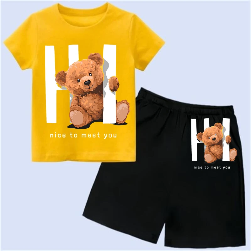 Conjunto de algodón con estampado de marca para niños, camiseta de dibujos animados, pantalones cortos, conjunto de verano para bebés, conjunto de manga corta para niños y niñas