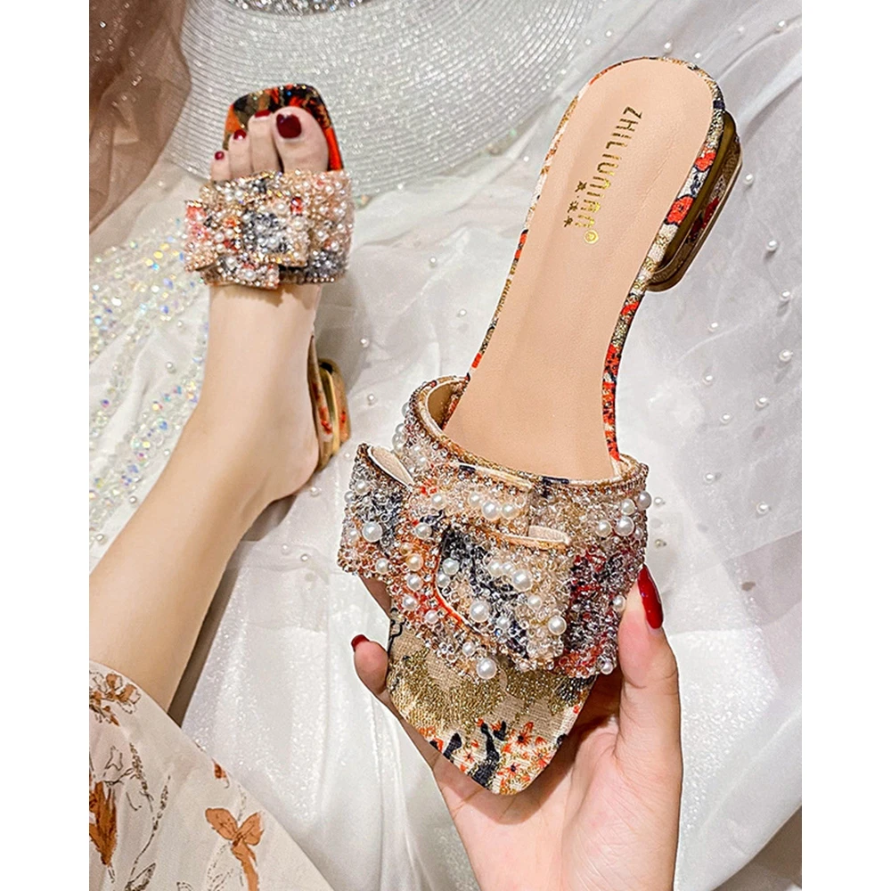 Summer Women Rhinestone Beaded  Decor Flat Slippers Peep Toe Casual Outdoor Slippers Spring Going Out Beach Shoes Zapatos Mujer