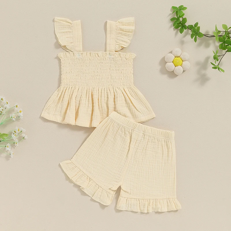 여아 단색 반바지 세트, 플라이 슬리브 러플 캐미솔 상의, 짧은 바지,  의류, 2024 여름 캐주얼, 0-3 세
