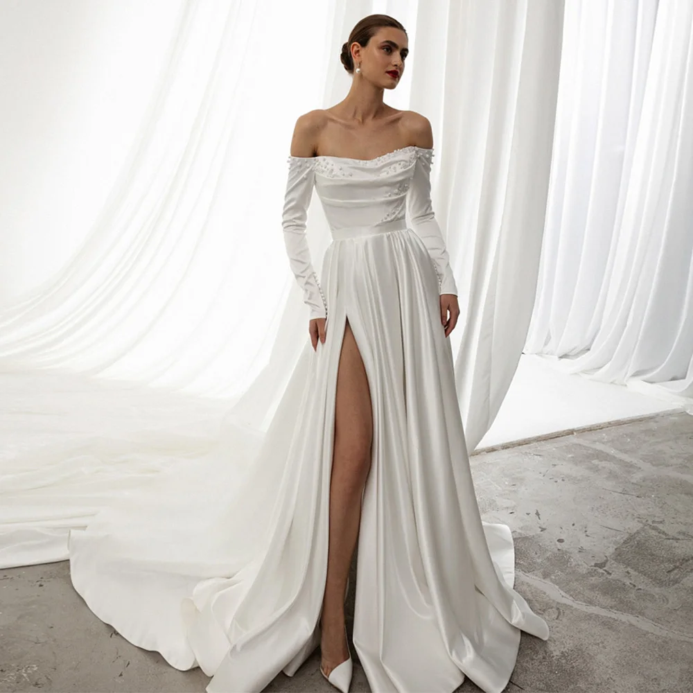 Wedding Dress 2024 New Arrival Long Sleeves Boat Neck Pearl Slit Satin Bridal Gown Court Train A Line Bride Dresses for Woman 5