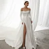 Wedding Dress 2024 New Arrival Long Sleeves Boat Neck Pearl Slit Satin Bridal Gown Court Train A Line Bride Dresses for Woman 5