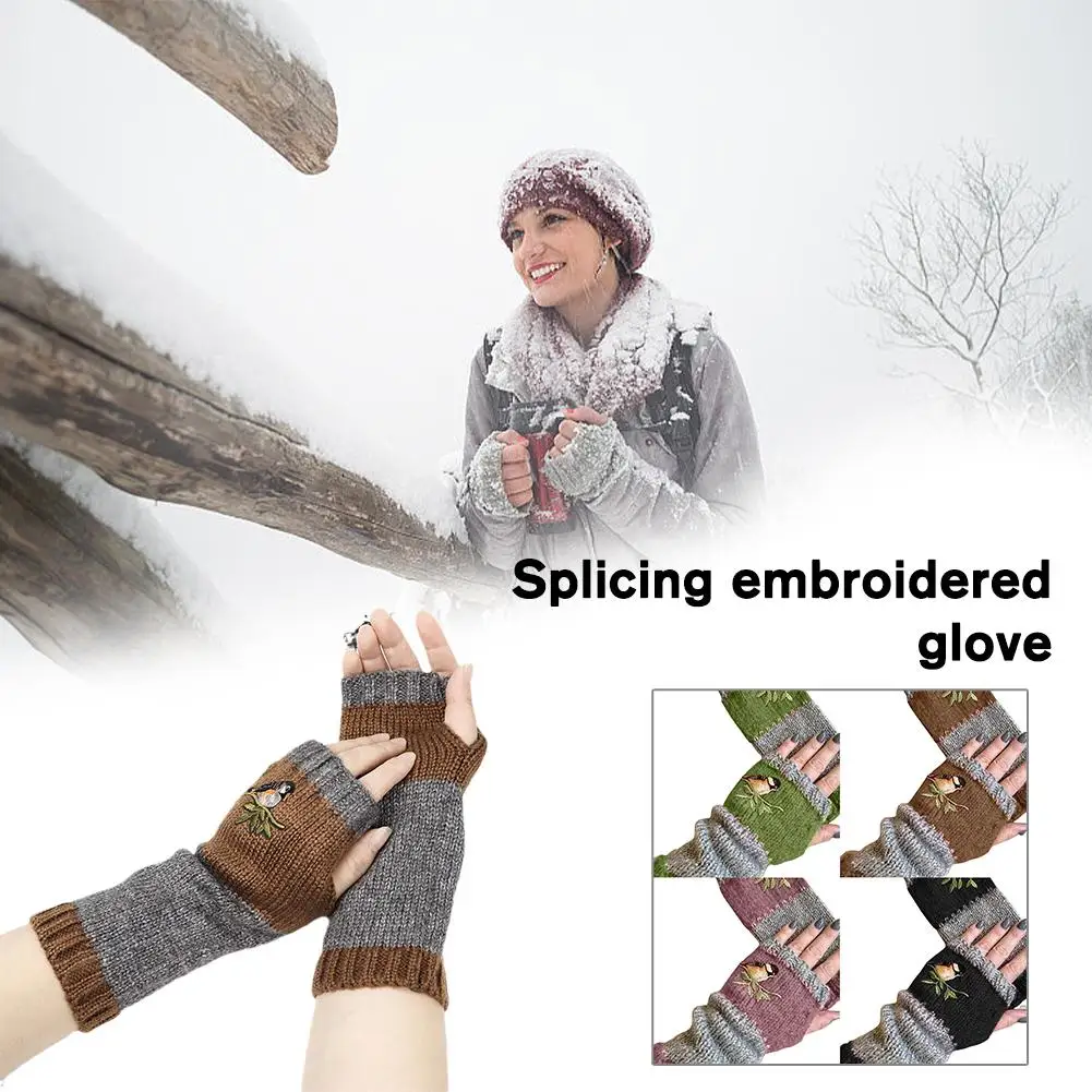 

Women Winter Gloves Cute Bird Embroidered Soft Knit Hand Warm Fingerless Mitten For Office Computer Working W6m6