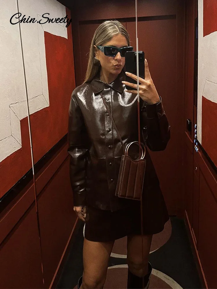 Casual Leather Jacket Skirt Set for Women 2 Pieces Lapel Single Breasted Top Mini Skirts Autumn Lady Y2k All-matching Outfits