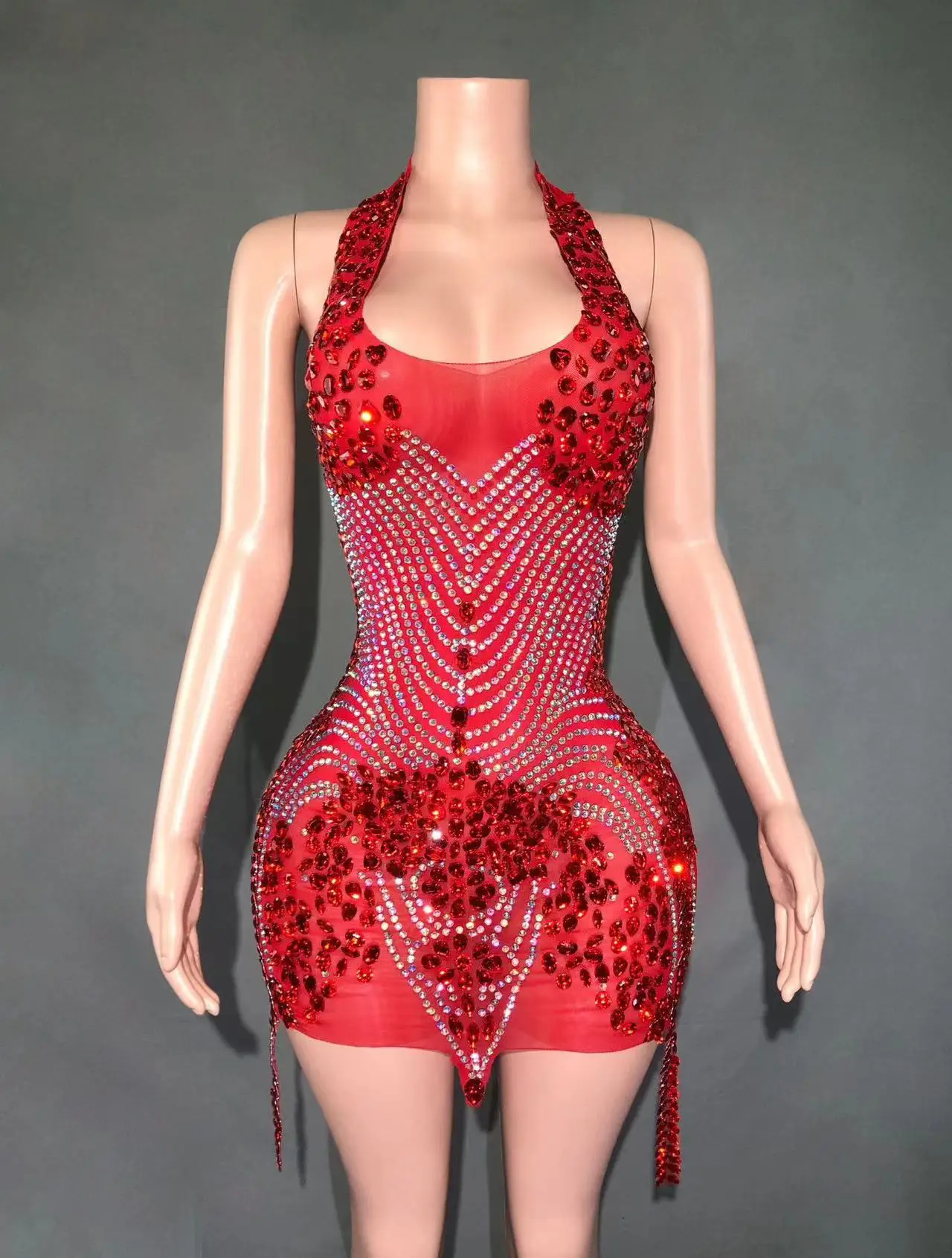 Sparkly Rhinestones Evening Prom Celebrate Birthday Dress Sexy Halter Backless Mesh Velvet Short Dress Performance Stage Wear 3