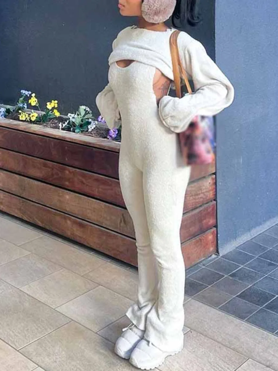 LW BASICS Fluff Cami Teddy Jumpsuit (With Top) Sweet Solid Color Bodycon Playsuit V Neck Long Pantsuits Slim Fit Romper