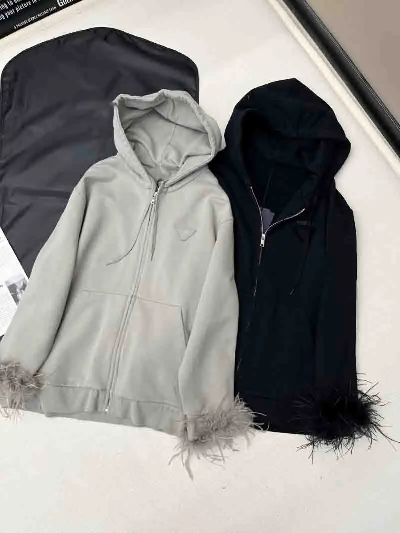 

Street loose women's hoodie, niche trend, ostrich hair patchwork long sleeved pure cotton hoodie, single wearing jacket