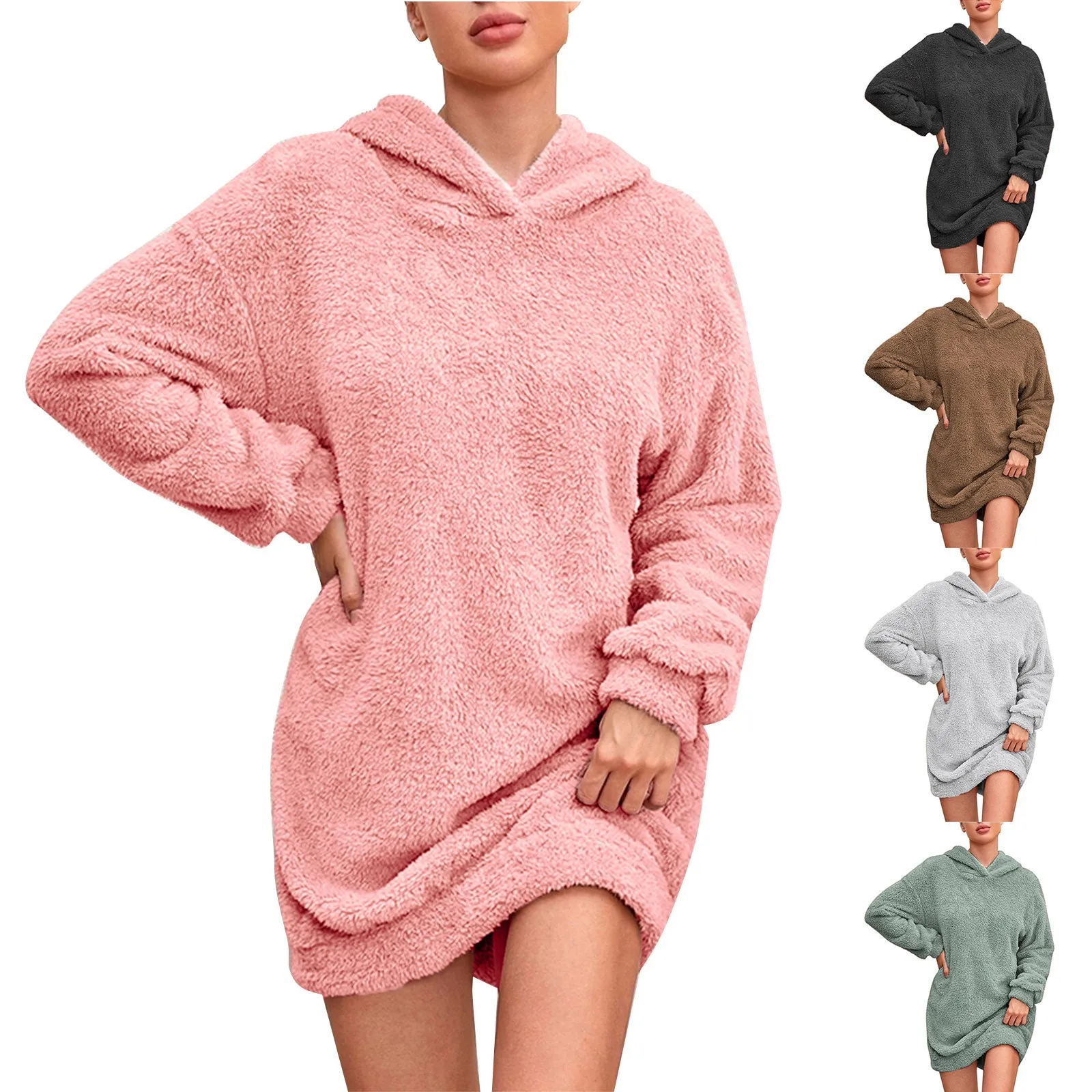 

Hooded Teddy Dress Casual Long Sleeve Simple Warm Dress For Women Retro sweet