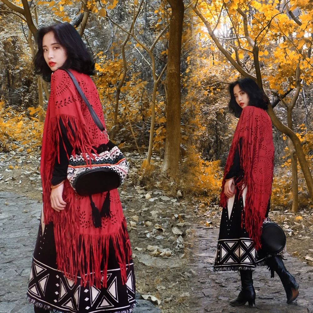 2024 Fashion Summer Long Women's Cape Shawl Open Poncho Elegant Suede Tassel Retro Simple Multicolor Dropshipping