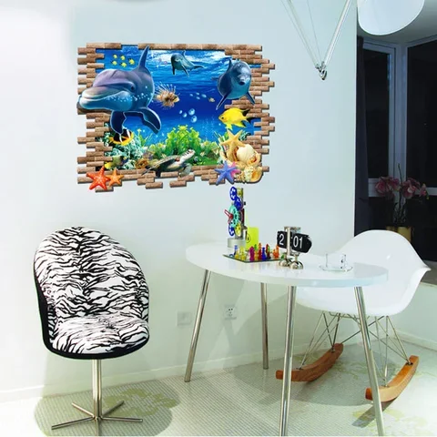 

3D Underwater World dolphin wall stickers for kids baby rooms bedroom home decoration mural poster Animals sticker art decals