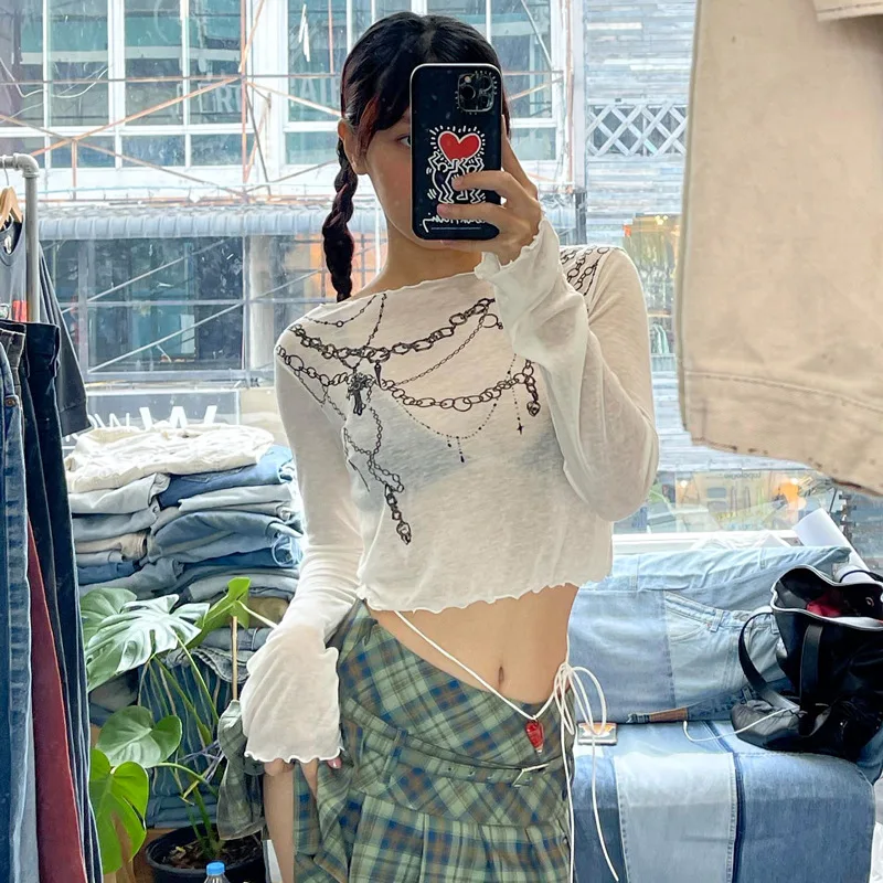 

Women Summer Fashion Streetwear Sexy White Transparent Crop Tops Buttons V Neck Short Sleeve Pullover Slim T Shirts Club Party