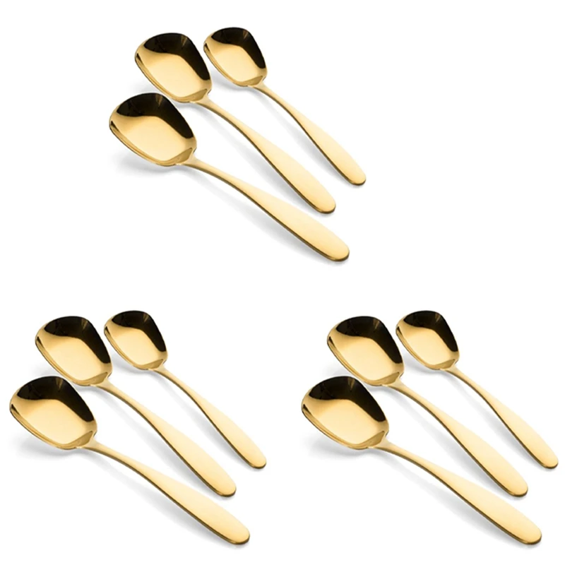 

9 Pcs Stainless Steel Flat Spoons Chinese Silver Soup Coffee Tea Dinner Gold Spoon Sets Kitchen Accessories-Gold