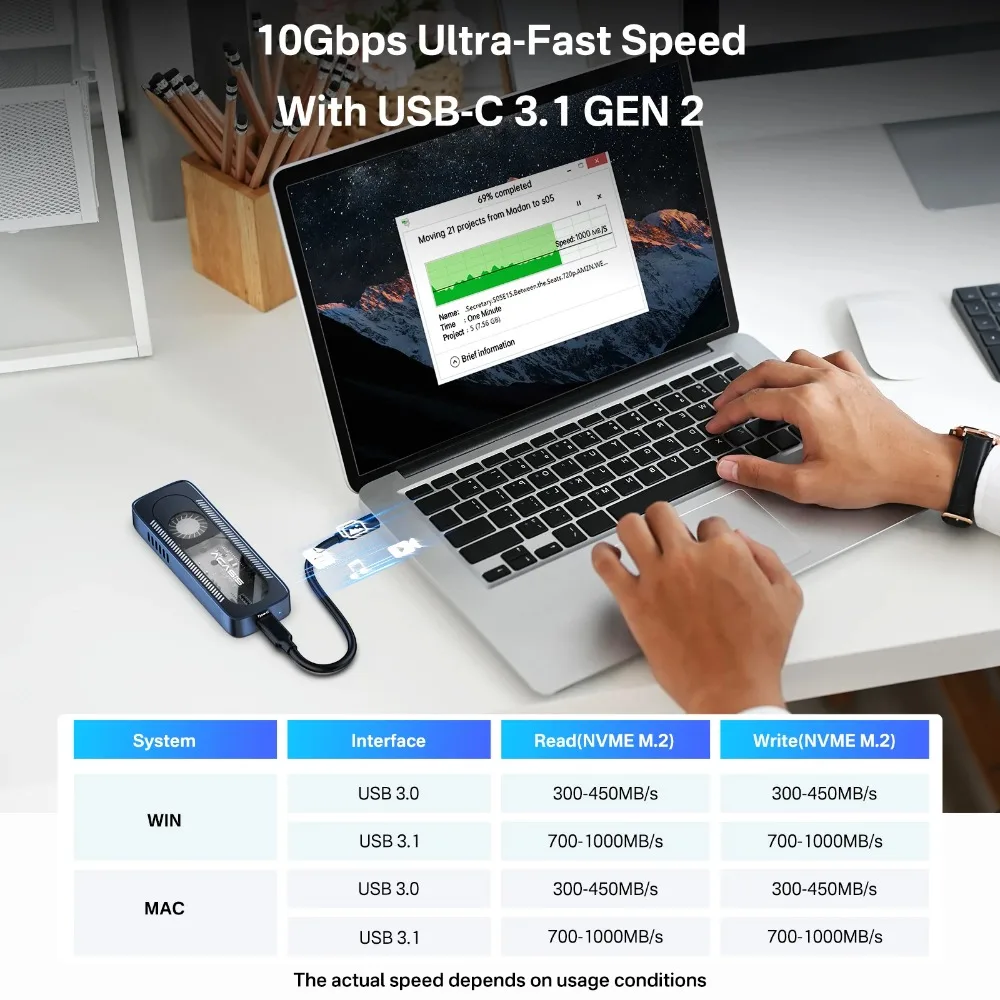 High-Speed M.2 NVMe SSD Enclosure with Cooling Fan and Type-C Port
