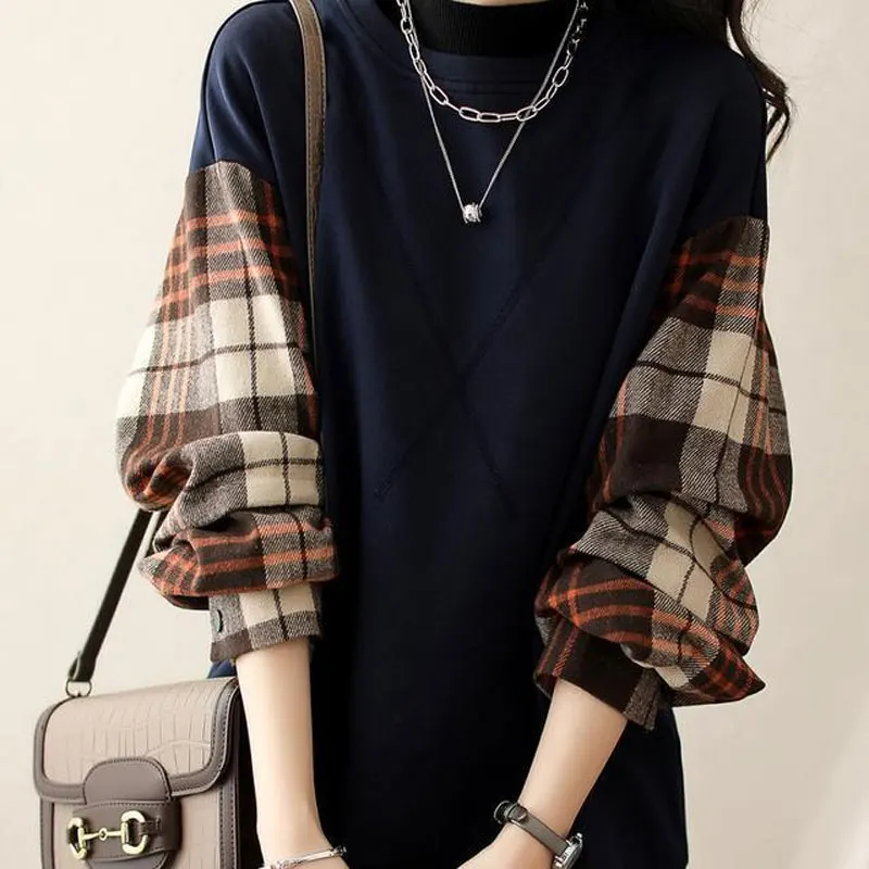 2023 Casual Plaid Patchwork Sweatshirts Autumn Winter Stylish Contrasting Colors Female Clothing Commute Loose O-Neck Pullovers