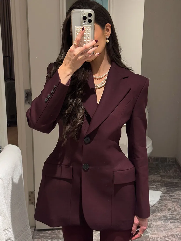 Elegant Wine Red Waist Up Wool Blend Long Jacket Women Chic Lapel Collar Single Breast Overcoat 2025 Autumn Lady High Streetwear 3