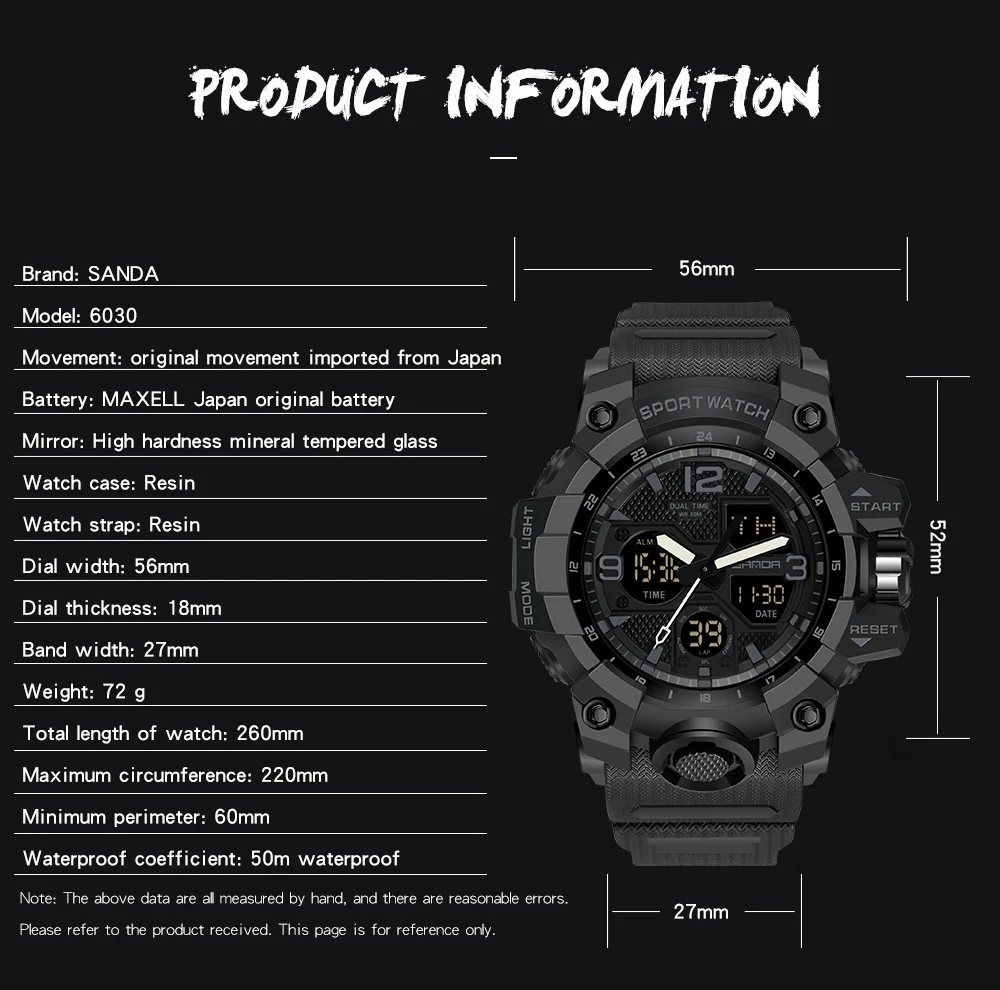 SANDA Top Brand Sports Men's Watches Military Quartz Watch Man Waterproof Wristwatch for Men Clock shock relogios masculino 6030