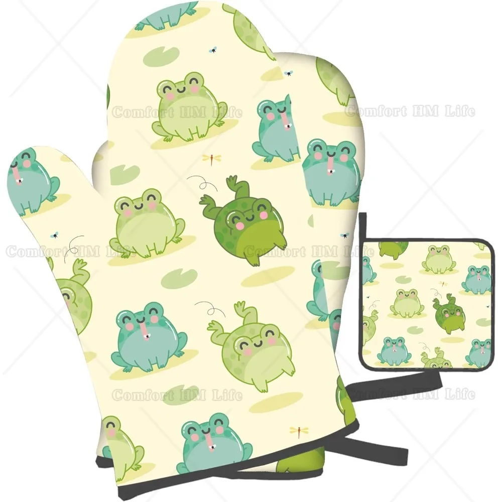 Frog Oven Mitts and Pot Holders Sets 3Pcs Heat Resistant Non-Slip Pure Cotton Microwave Ovens for Baking Cooking BBQ Grilling