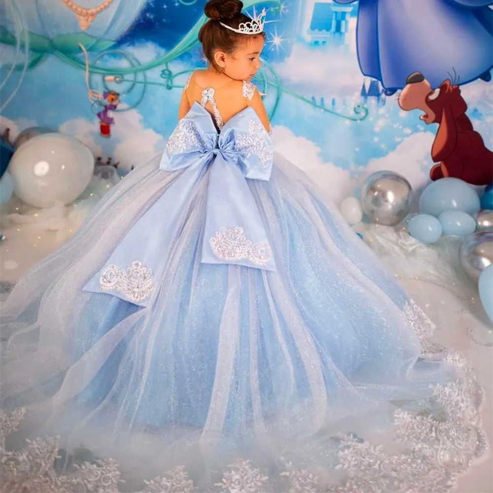 

Simple Flower Girl Dress Light Blue Illusion Long Sleeve Maxi Dress Satin Sparkling Fluffy Tulle Ball Gown Communion