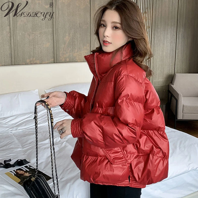 

Ultra Light Puffer Coat Women Glossy Stand Collar Parkas Fall Winter Long Sleeve Down Cotton Quilted Jacket Warm Korean Outwear