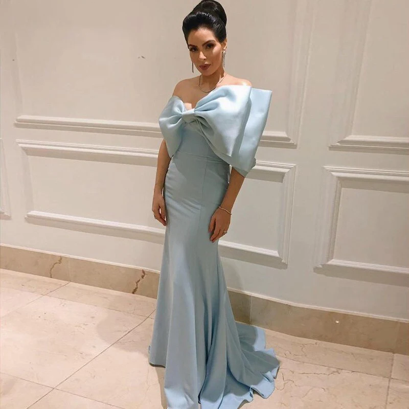 

Sweet Luxury Prom Dress Sleeveless Sky Blue Bow Strapless Floor Length Satin Backless Formal Occasion Party Birthday Vestido