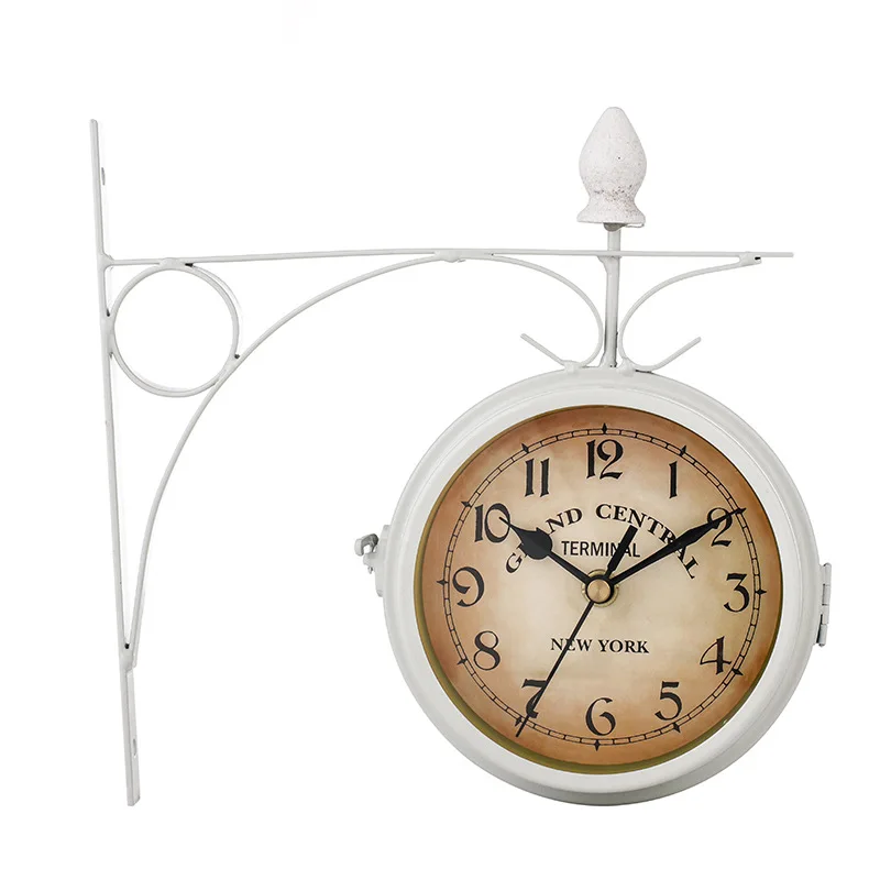 Wrought Iron Antique-Look Round Wall Hanging Double Sided Faces Retro Station Clock Chandelier Wall Hanging Clock Decoration