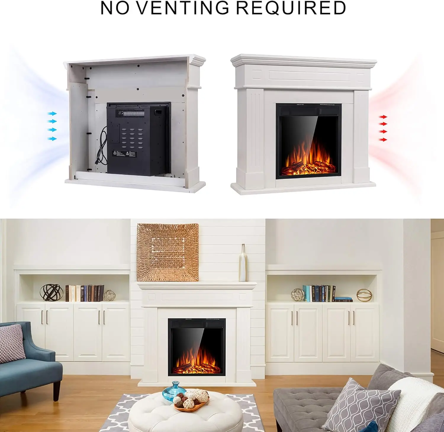 Electric Fireplace Mantel Package Wooden Surround Firebox TV Stand Free Standing  Logs,Adjustable Led Flame,Remote Control,White 5