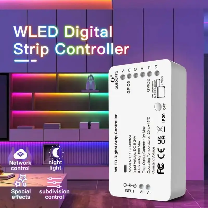 

GLEDOPTO WLED Strip Controller 5-24V 800 IC RGB RGBW LED Light Strip Controller DIY WiFi APP Control 100 Dynamic Lighting Modes