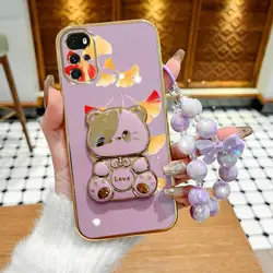 3pcs Red Maple Leaves Phone Accessory Set: Case, Lanyard & Rabbit Stand - Motorola Moto G22 (PURPLE)