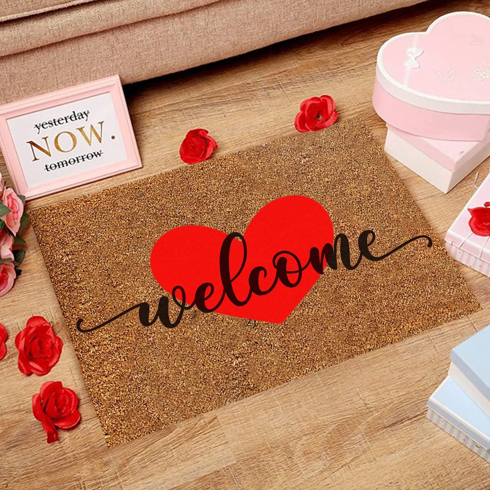 Red Home Heart Welcome Door Mat Front Bathroom Porch Rug Valentine's Day Decor 