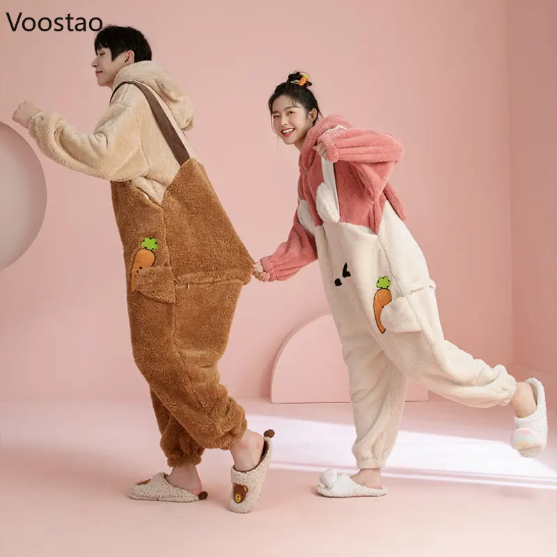 Sweet Bunny Ears Hooded Onesies Women Autumn Winter Warm Couple Pajamas Men Kawaii Bear Nightwear Pyjamas Jumpsuit Cute Homewear