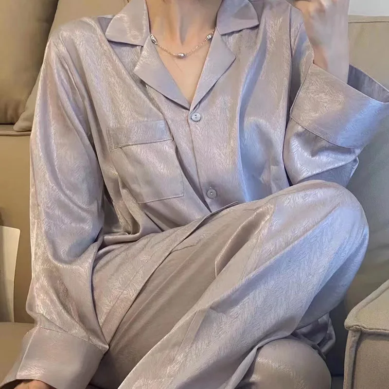 

Women Nightwear Grid Stripe Luxury Ice Silk Pajamas Set Long Sleeve Soft Sleepwear Female Spring and summer Loungewear Homewear