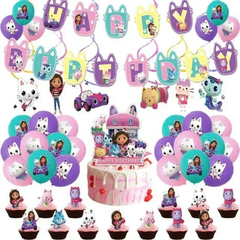 Disney Children's Birthday Party Decorative Products Gabby Doll House Theme Flag Pulling Balloon Disposable Tableware birthday party supplies