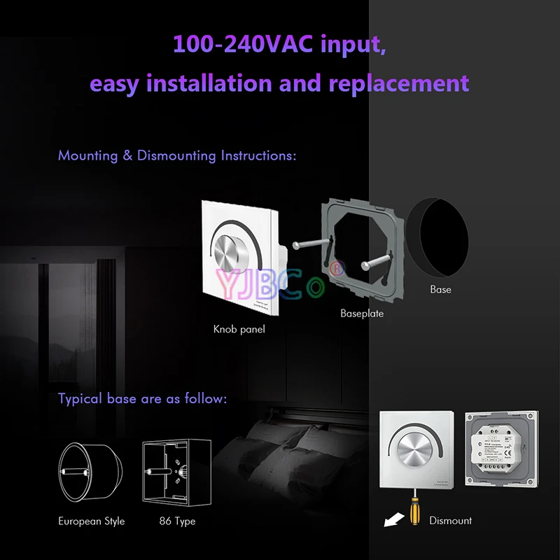 Wall Mounted 86 Type Rotary Panel 2.4G Remote DMX512 Master AC 220V 110V high voltage Single Color LED Strip Dimmer Switch Glass wall mounted single color led strip dmx512 master controller dimming 2 4g rf remote glass rotary panel 220v 110v dimmer switch