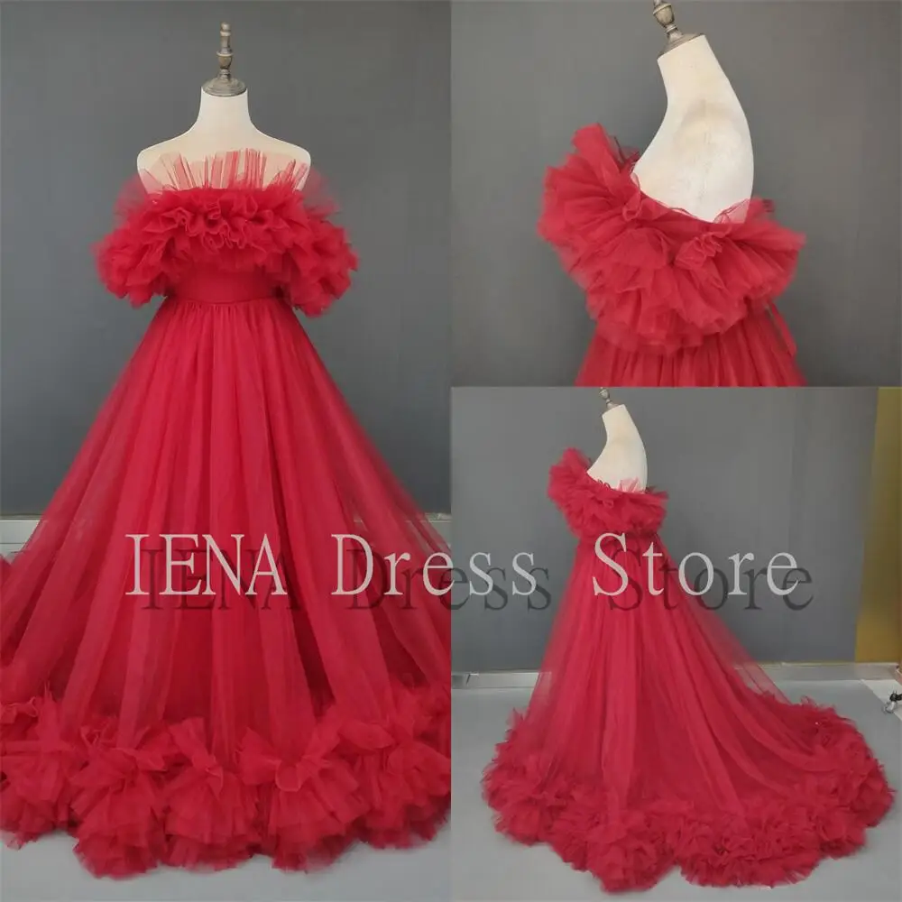 14064#IENA Elegant Mist Purple Maxi Tulle Strapless Tiered Short Front Long Back Girl Evening Party Dresses Gown for Prom Gown