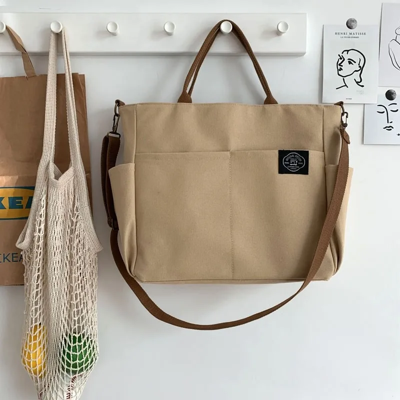 Vintage Thickened Tote Canvas College Computer Simple Handbag Single Shoulder Bag for Women Crossbody Bag with Zipper Khaki