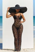 Women 3 Pieces Sexy Beach Bikini Set Backless Hollow Out Hole Knit Long Dress Cover Up+Lace Up Halter Bra Top+Underwear Swimsuit 2