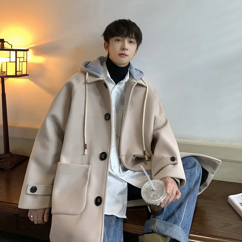 Korean Style Medium To Long Woolen Coat for Men Autumn Winter Loose Fake Two Pieces Hooded Windbreaker Jackets Y2k Men Clothing