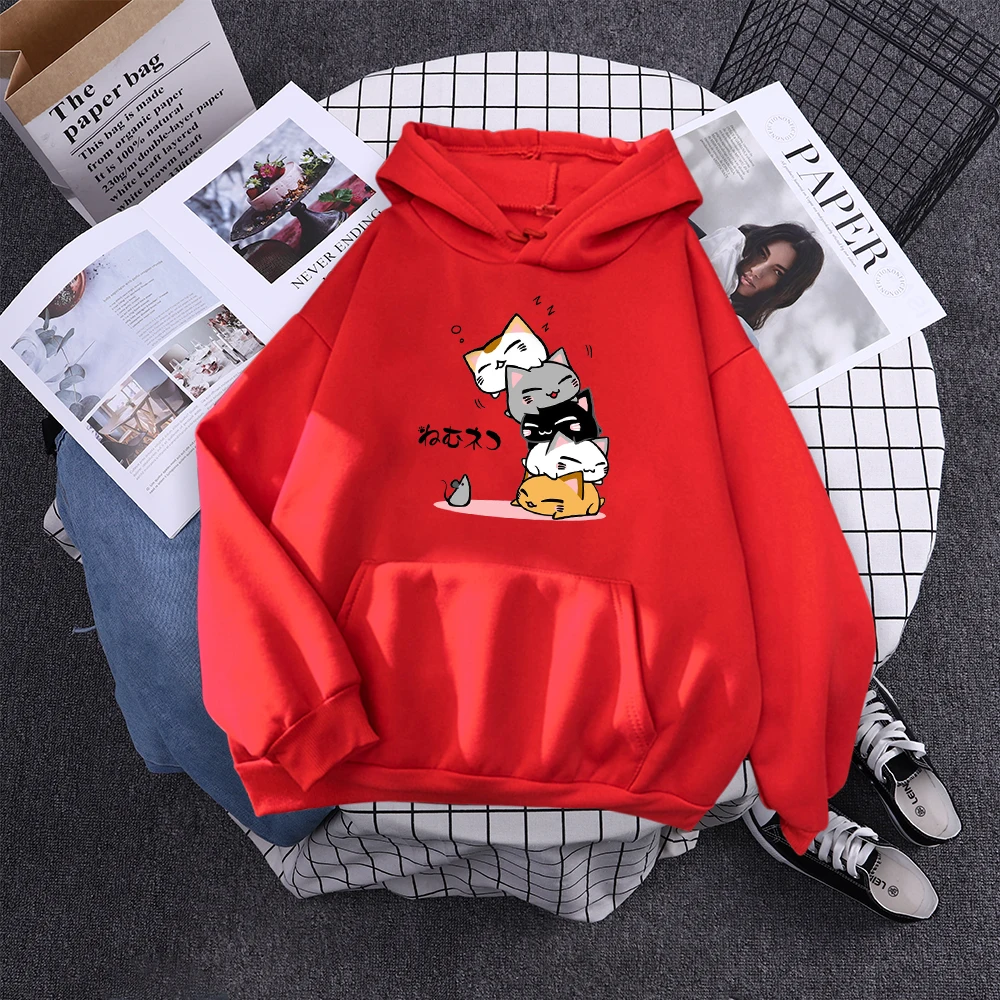 Cute Stacked Cats Sleeping Don'T See The Mouse Women Hoodies Fashion Loose Pullover Casual Fleece Hoody Trend Soft Female Sweat