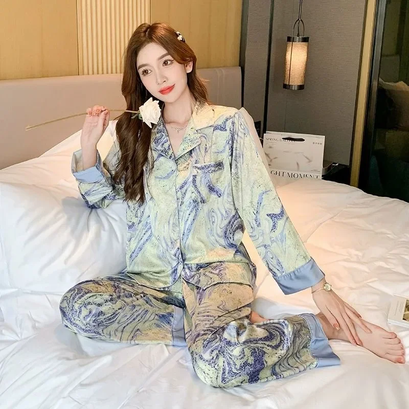 

2023 New Pajamas Women's Spring Summer Ice Silk Thin Imitation Silk High-end Loungewear Long Sleeved Homewear Two-piece Set