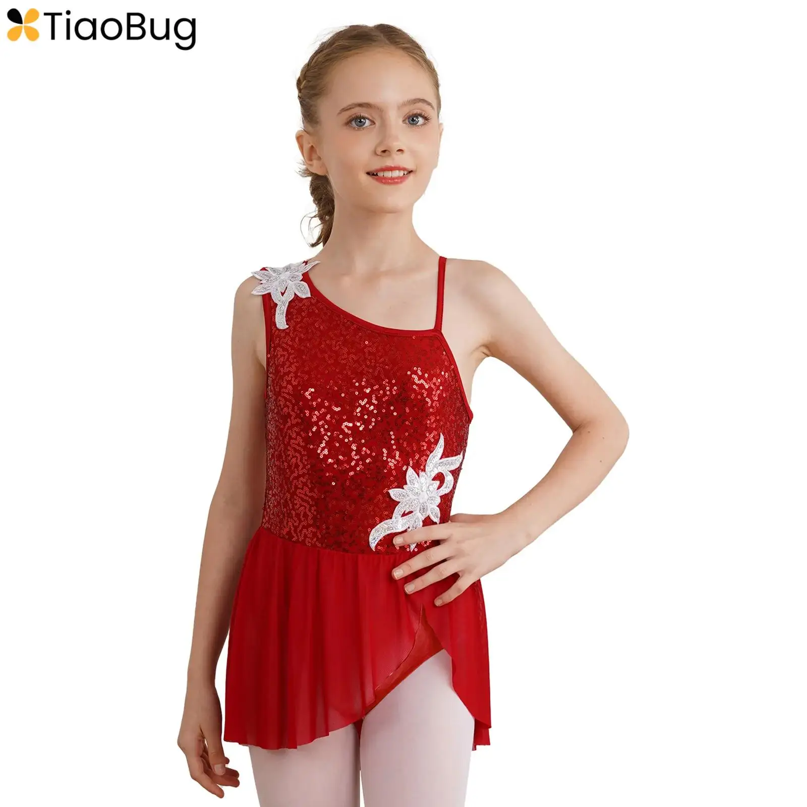 

Kids Girls Ballet Lyrical Dance Dress Sequin Sleeveless Tutu Skirted Leotard Gymnastic Costume Christmas Carnival Dancewear