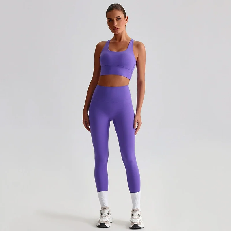 Naked Feel Yoga Set Women Fitness Sportswear 2 Piece Strappy Sports Bra High Waist Gym Leggings Workout Outfit Active Wear sports bra set gym workout set yoga pants set yoga set fitness set sportswear set sports set