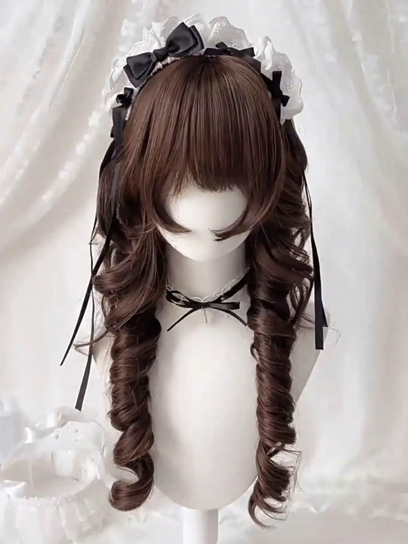 Brown Synthetic Long Deep Wave Wig with Bangs for Women