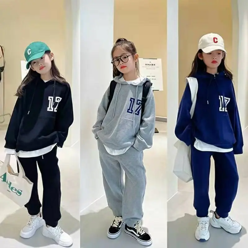 

2023 Teenage Spring Autumn Casual Unisex Cotton Boys And Gilrs Hooded Top+Pant 2Pcs Streetwear Tracksuit Kids Clothe 5-14Years