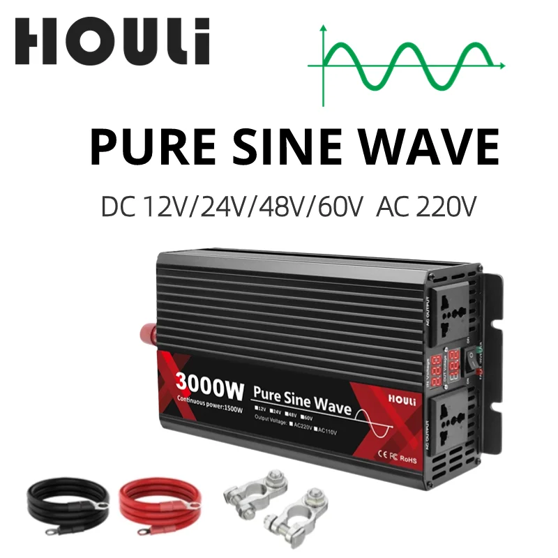 

HOULI Inversor 24v 220v Onda Pura 3000W 60HZ Voltage Solar Transformador 220 A 12v Converter Accessoire Camping Car Transformer