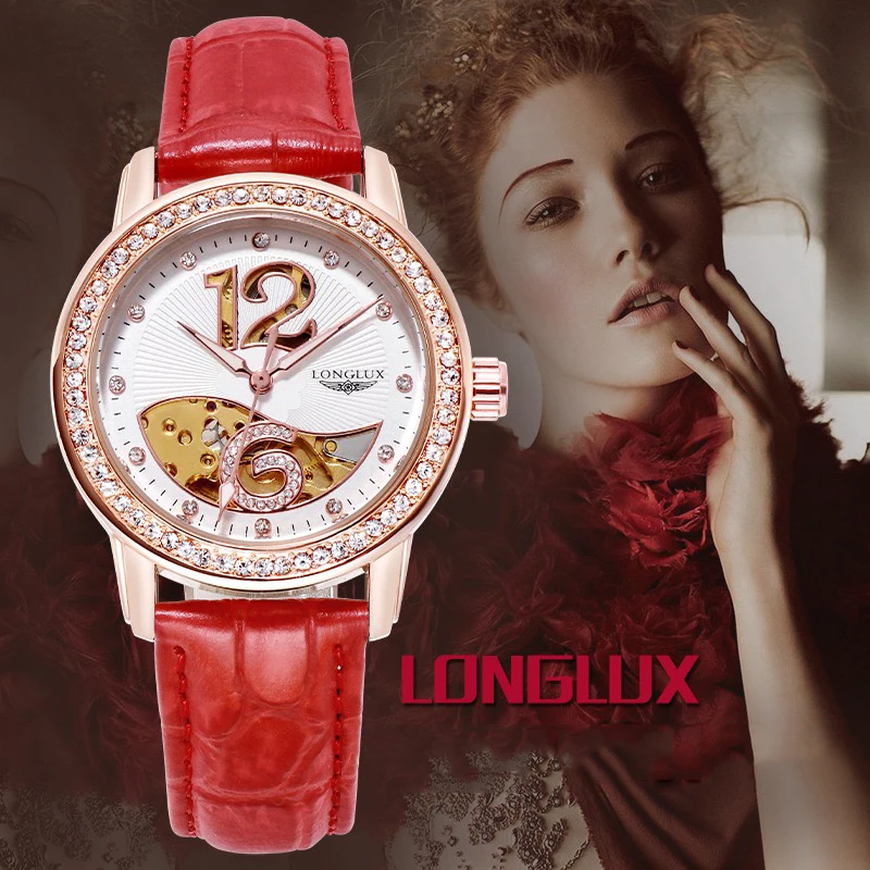 LONGLUX Top Brand Women Mechanical Automatic Watches Luxury Diamond Ladies Leather Strap Wristwatch Waterproof Bracelet Watch