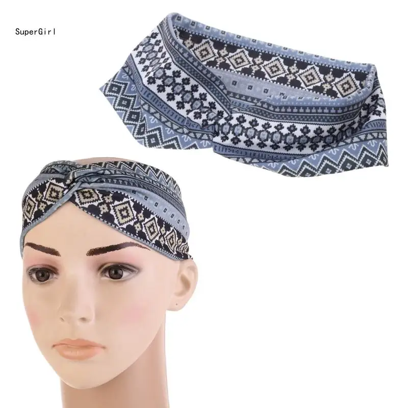

Women Ethnic Printed for Cross Wide Headband Twisted Turban Elastic Hairband Bea
