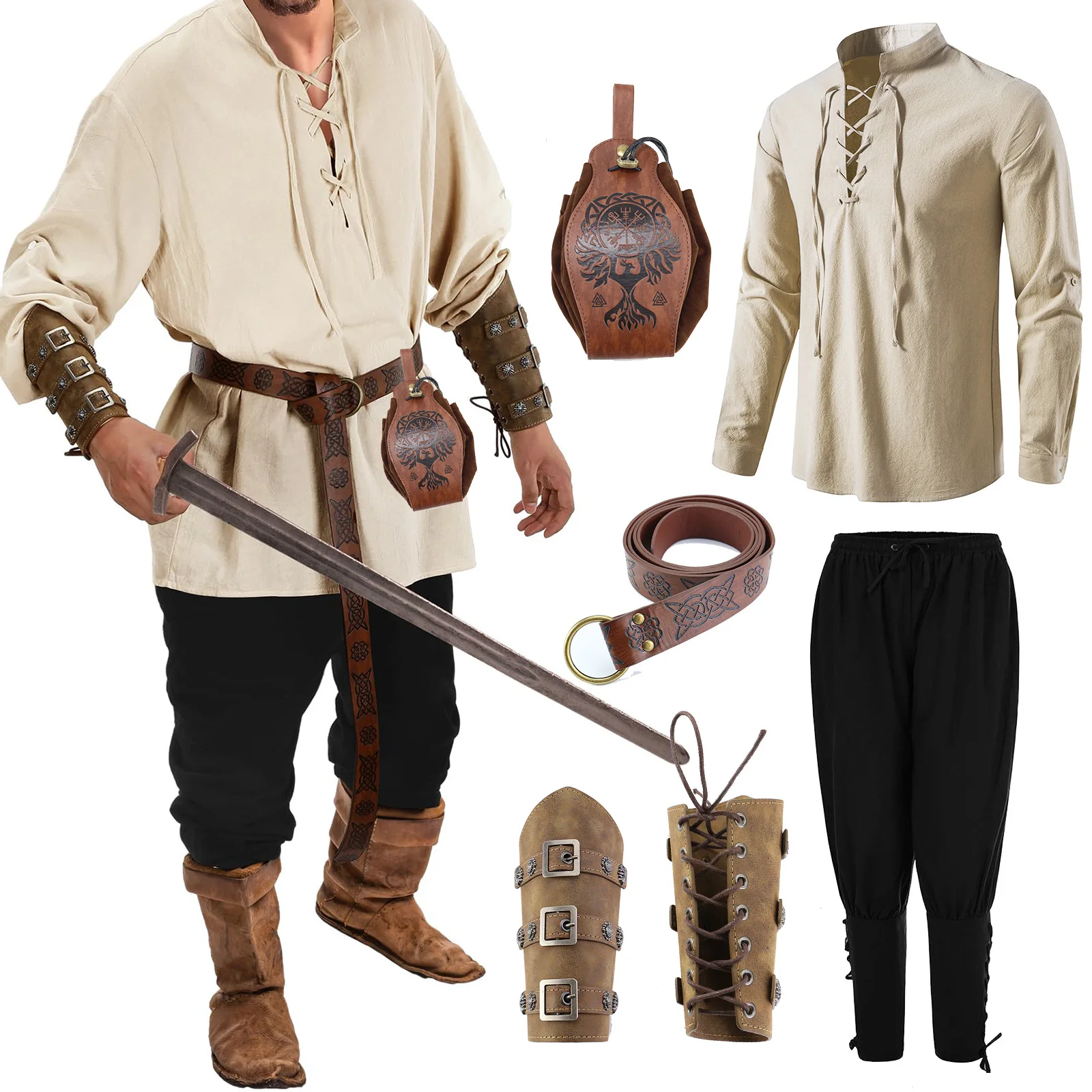 Halloween Men's Renaissance Costume Set Medieval Pirate Shirt Cosplay Prop