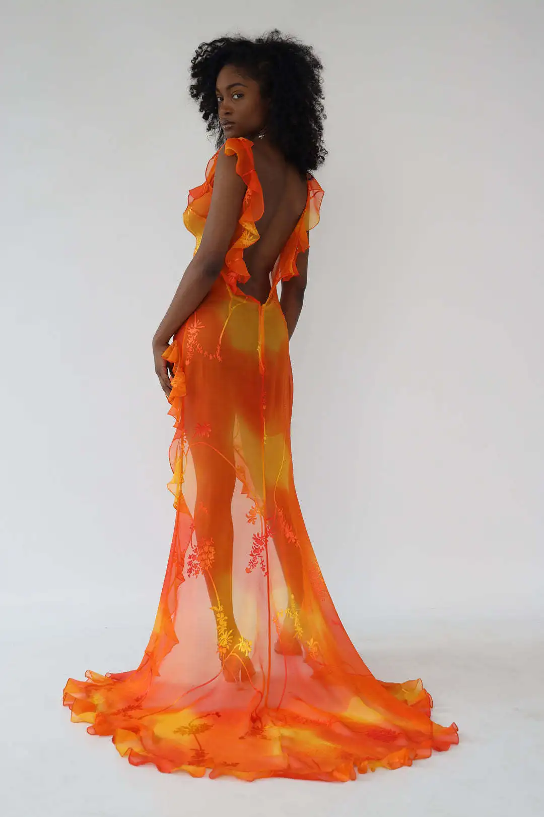 

Women Orange Tie Dyed Printed Trailing Dress Low Cut Backless Ruffle High Split Long Dresses Chic Female Party Evening Robe
