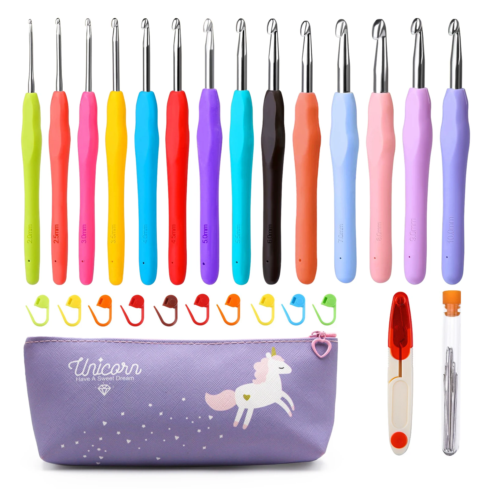 Vibrant Ergonomic Crochet Hook Set for Beginners – 14-Piece Collection (2mm-10mm) with Carrying Case
