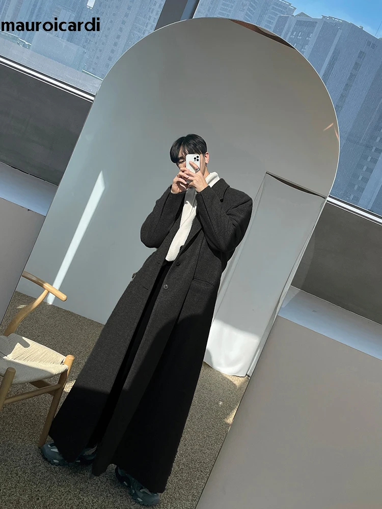 Mauroicardi Autumn Winter Extra Long Warm Black Loose Casual Wool Blends Coat Men Luxury Floor Length Overcoat Korean Fashion 3